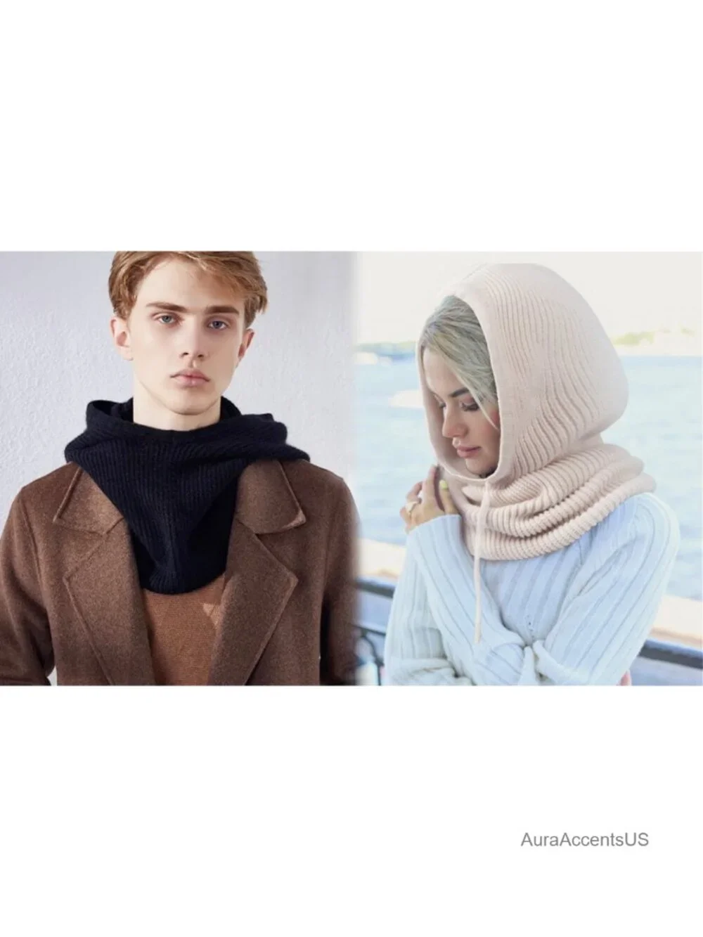 Knit Balaclava Hooded Scarf Hat Winter Beanie Unisex with Drawstring